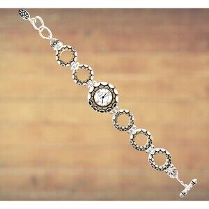 Ladies Watch Geneva Silver and Gold Ornate Watch Band Fresh Battery Item #1002